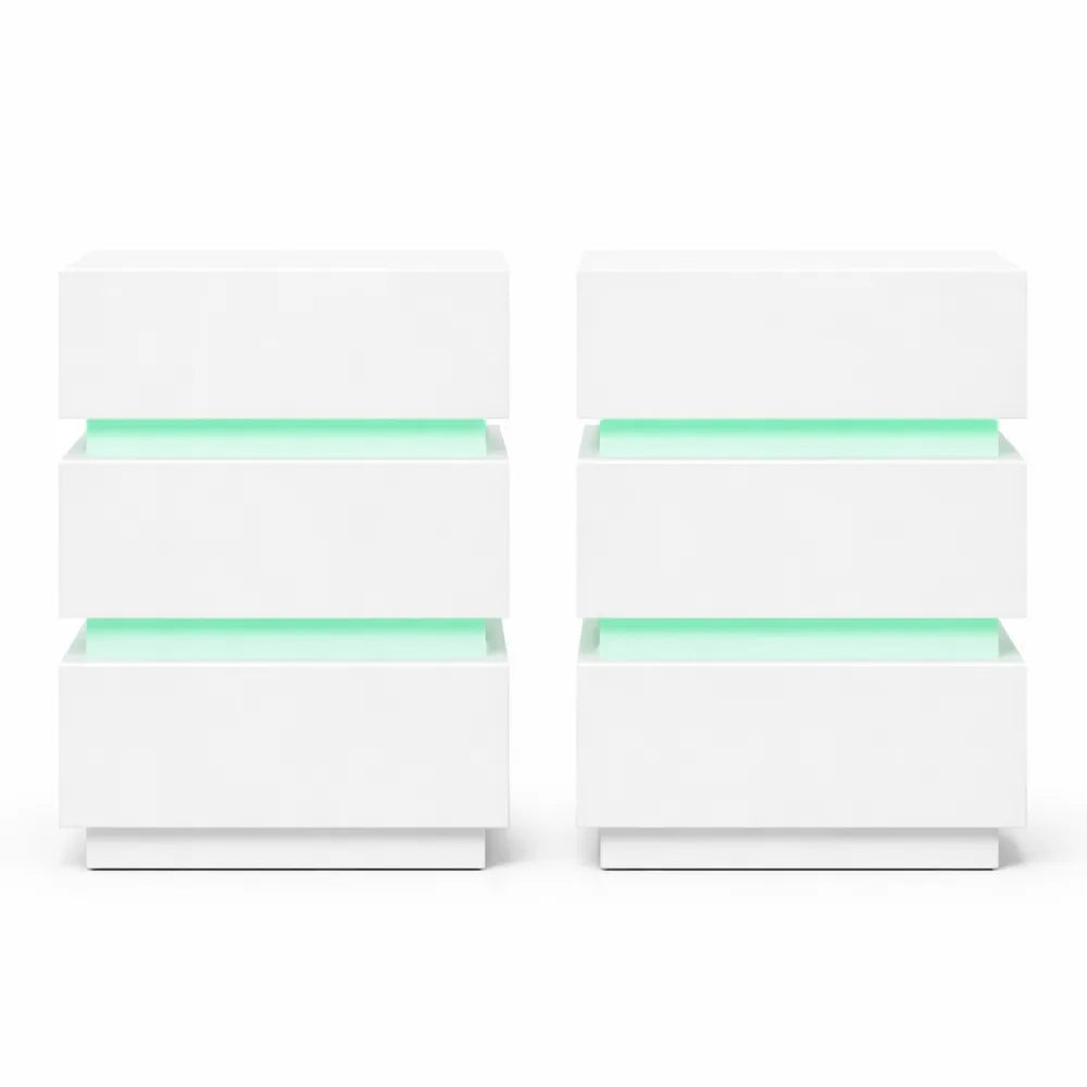 Ensemble de deux tables de chevet avec chargeur et LED, 3 tiroirs, ports USB inclus, blanc