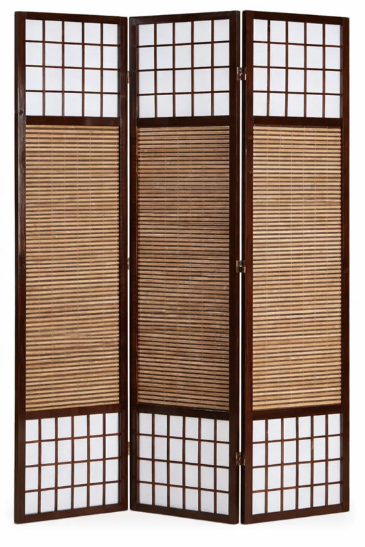 Paravent Réglable 3 Panneaux en Bois avec Motif Bambou