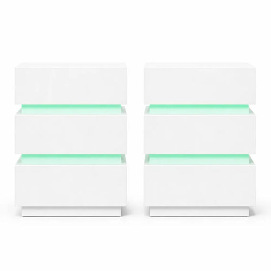 Ensemble de deux tables de chevet avec chargeur et LED, 3 tiroirs, ports USB inclus, blanc