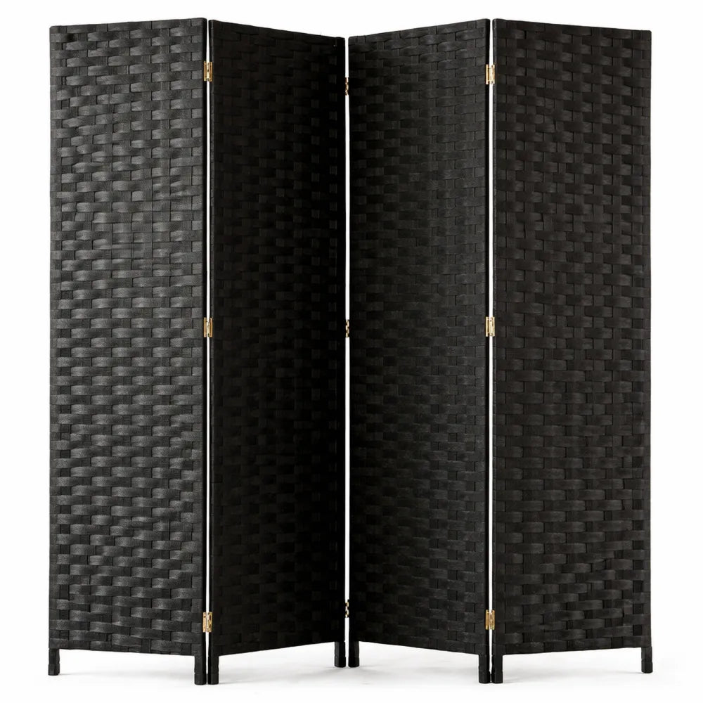 Paravent en fibres naturelles noir, 4 pans, 180 x 180 cm
