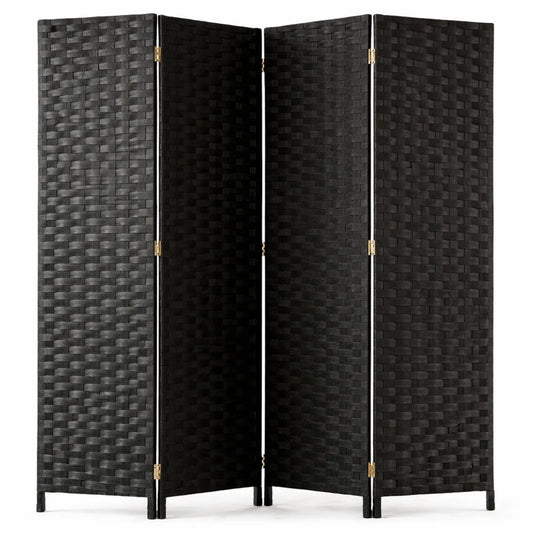 Paravent en fibres naturelles noir, 4 pans, 180 x 180 cm
