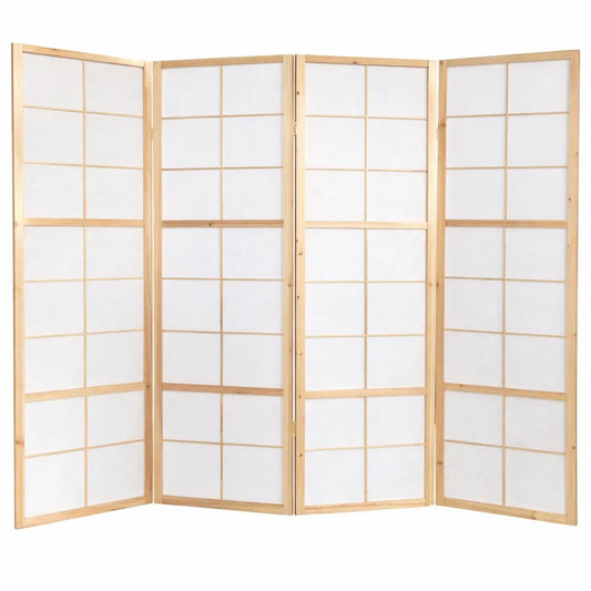 Paravent 4 Panneaux en Bois Naturel, Séparateur de Pièce, 175 cm x 176 cm