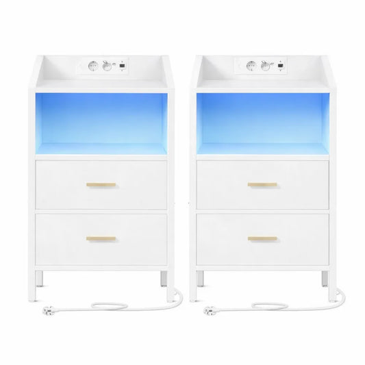 Table de nuit avec éclairage LED, tiroirs en tissu, ports USB et prises CA