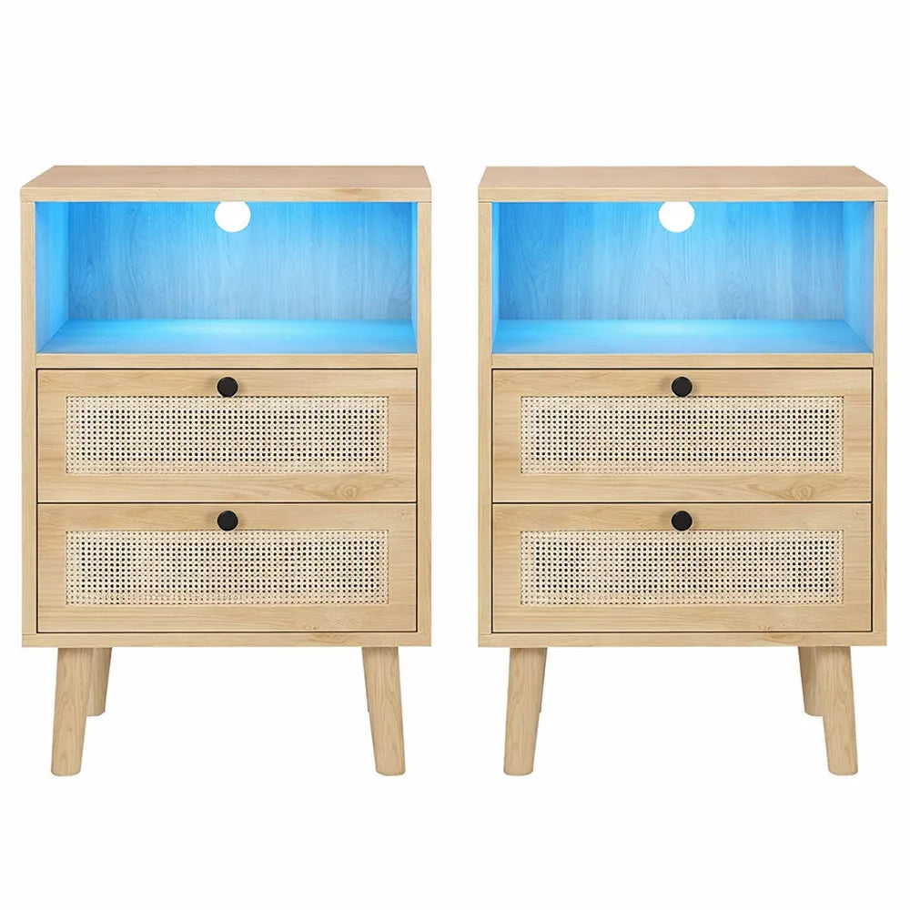 Ensemble de Tables de Chevet en Rotin avec LED et Rangement