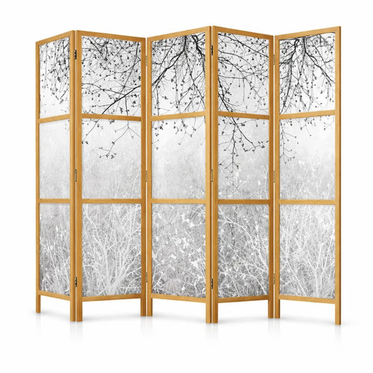 Paravent Intérieur Pliable en Bois et Toile avec Motif Arbres