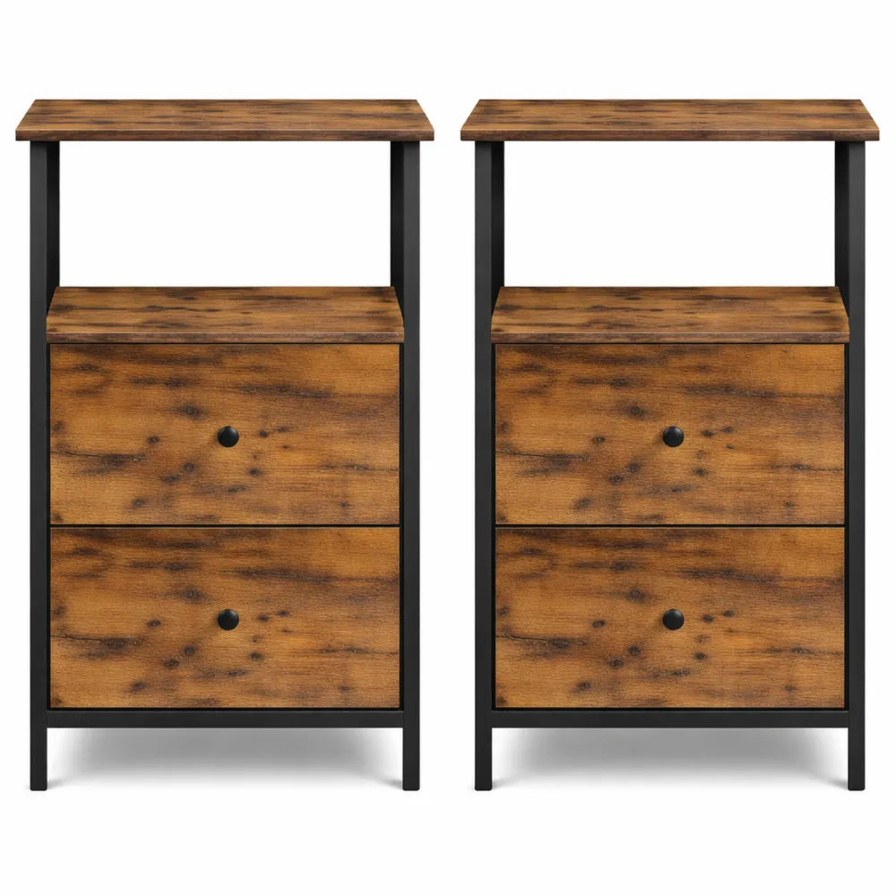 Lot de 2 tables de chevet en tissu avec étagère de rangement, 2 tiroirs, 61 cm de hauteur, marron rustique et noir mat