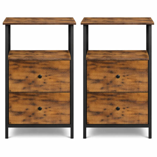 Lot de 2 tables de chevet en tissu avec étagère de rangement, 2 tiroirs, 61 cm de hauteur, marron rustique et noir mat